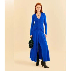 Farm Rio Ruched Front Slit Maxi Dress Bright Blue Long Sleeve Draped V Neck S